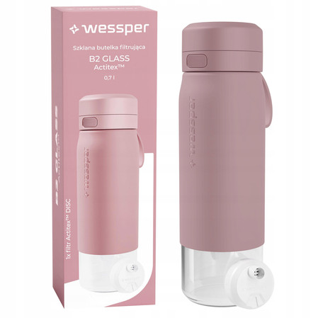 Wessper Butelka szklana na wodę filtrująca GLASS Actitex różowa 700 ml