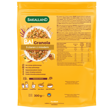 Bakalland BA! Granola 5 ziaren z miodem 300g pełnoziarnista