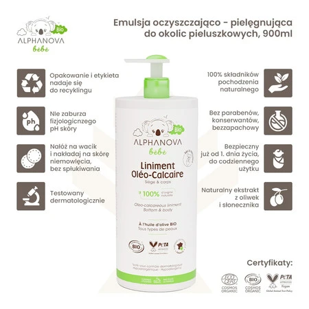 Alphanova Bebe Bio, Emulsja oczyszczająca z kompleksem pielęgnacyjnym do okolic pieluszkowych, 900ml