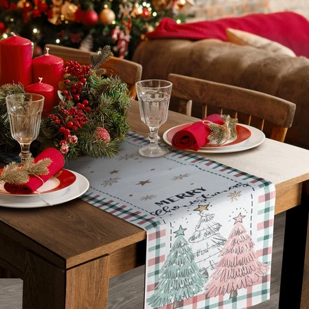 Bieżnik świąteczny rozm.: 33 x 183 cm, kolor kremowy z nadrukiem choinek