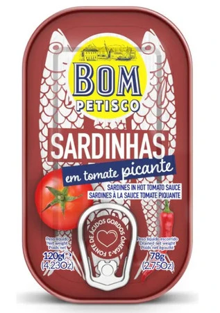BOM PETISCO SARDYNKI PORTUGALSKIE W PIKANTNYM SOSIE POMIDOROWYM 120 g (78 g)