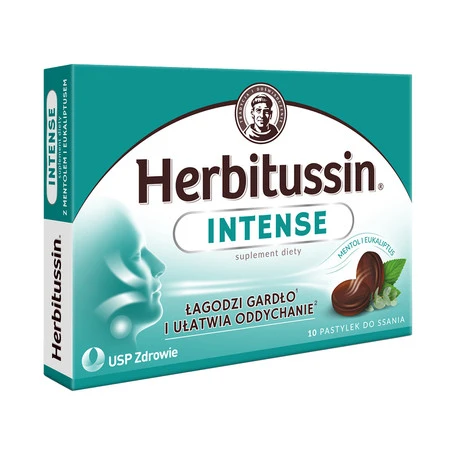 Herbitussin Intense 10 patylek do ssania w przypadku podrażnienia gardła, chrypki