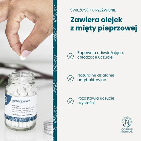 Georganics, Naturalne tabletki do mycia zębów, do codziennej pielęgnacji, smak mięty pieprzowej, 120 tabletek