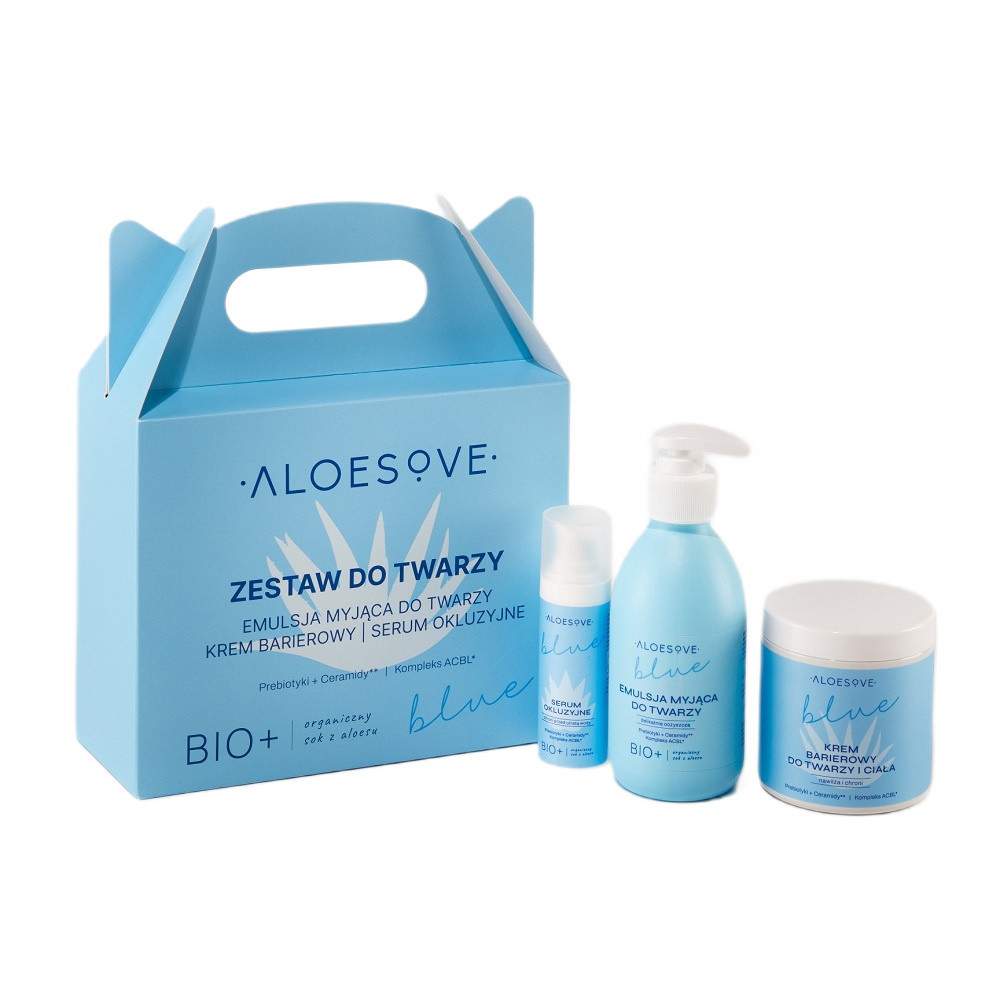 Aloesove - Xmas Blue Zestaw do twarzy torebka, emulsja do mycia twarzy 190ml+krem barierowy do twarzy i ciała 250ml+serum okluzyjne 30ml - Nabea.pl