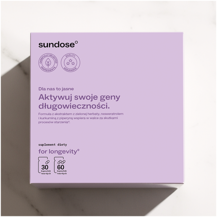 Sundose For Longevity resweratrol, zielona herbata, kurkumina i piperyna 60+30 kaps.