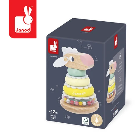 Janod Układanka piramida wieża wańka-wstańka drewniana Owieczka Zigolos 12m+