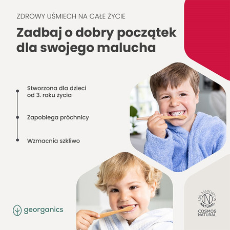 Georganics, GeoKids, Naturalna pasta do zębów dla dzieci, z Hydroksyapatytem i Fluorem, Smak truskawkowy, 3+, 75 ml