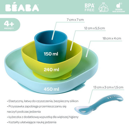Beaba, Komplet naczyń z silikonu z przyssawką, blue
