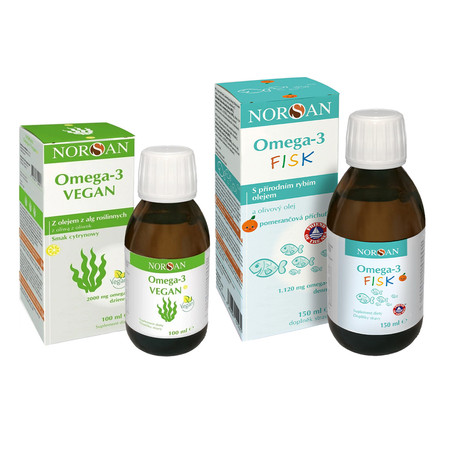 Zestaw Norsan: 1x kwasy Omega-3 z olejem z alg roślinnych 100 ml smak cytryna Vegan i 1x Omega-3 Fisk dla dzieci 150 ml smak pomarańcza