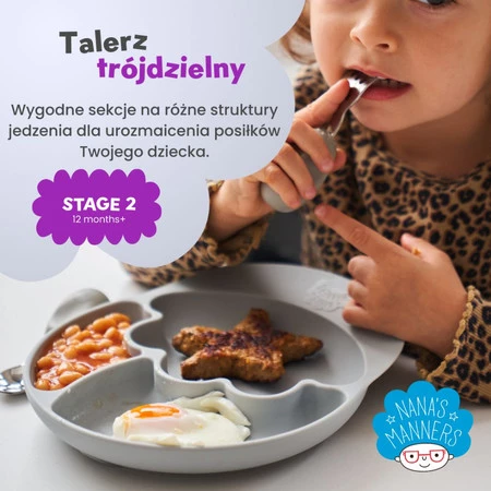 Nana's Manners, ETAP 2, Talerz silikonowy trójdzielny z przyssawką, szary