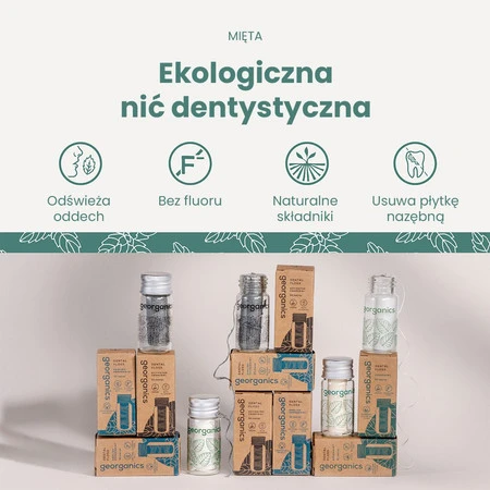 Georganics, Naturalna nić dentystyczna w szklanym opakowaniu Zero Waste, do codziennej pielęgnacji, smak zielonej mięty, 50 m