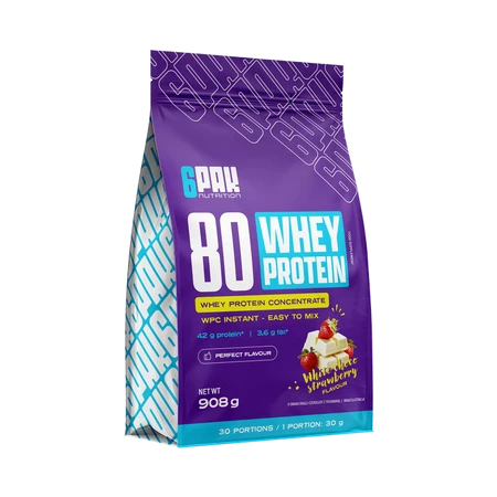 6PAK 80 WHEY PROTEIN odżywka białkowa WPC 908 g smak biała czekolada - truskawka