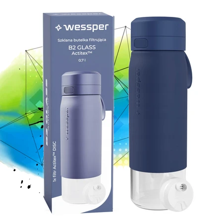 Wessper Butelka szklana na wodę filtrująca B2 GLASS Actitex granatowa 700 ml