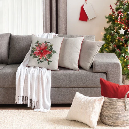 Poszewka świąteczna z haftem i strukturze lnu 45x45 cm - Gwiazda Betlejemska