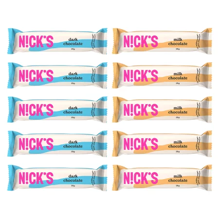 Zestaw mix smaków batonów N!CK'S: 5szt. Milk Chocolate bez cukru 25g, 5szt. Dark Chocolate bez cukru 25g