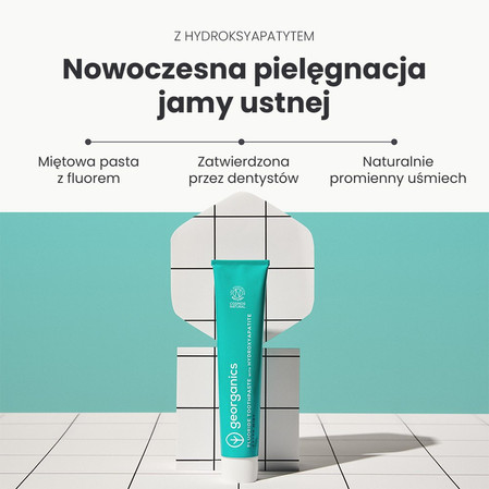 Georganics, Naturalna, remineralizująca pasta do zębów, z hydroksyapatytem i fluorem, do codziennej pielęgnacji i na świeży oddech, smak świeżej mięty, 75 ml