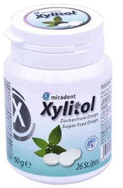 Miradent Dropsy pudrowe z ksylitolem 26szt, 60g smak mięta