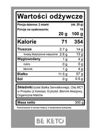 BeKeto Izolat Białka z olejem MCT Organiczna Matcha 300 g