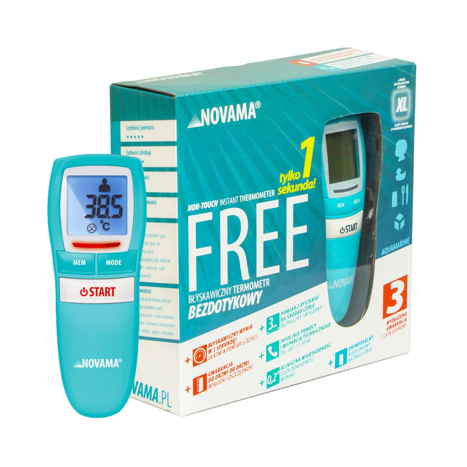 NOVAMA Free Colors Aquamarine Termometr bezdotykowy mierzy w 1 sekundę z 3 cm z 3 letnią gwarancją