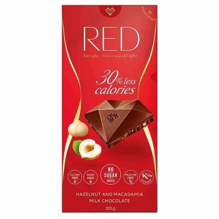 Czekolada mleczna z orzechami laskowymi i makadamia 30% mniej kalorii RED Delight, 100g