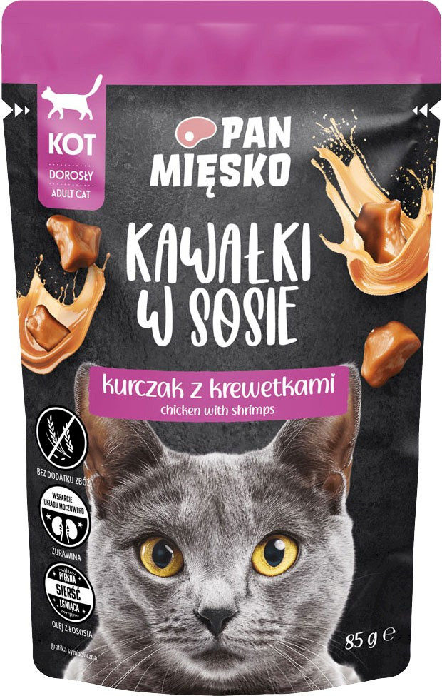 Pan Mięsko Karma mokra dla kota Kawałki w sosie Kurczak z krewetkami kot dorosły 85 g x 12 szt.