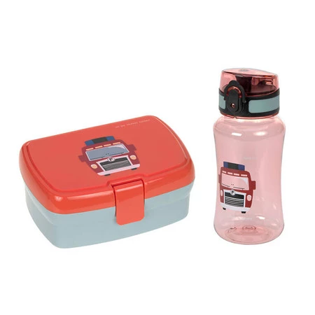 Lassig Zestaw śniadaniowy na lunch Lunchbox + Tritanowa butelka - bidon 460 ml Tiny Drivers Wóz strażacki
