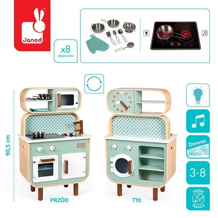 Janod Dwustronna drewniana kuchnia z pralką 2w1, z dźwiękiem, światłem LED i 8 akcesoriami