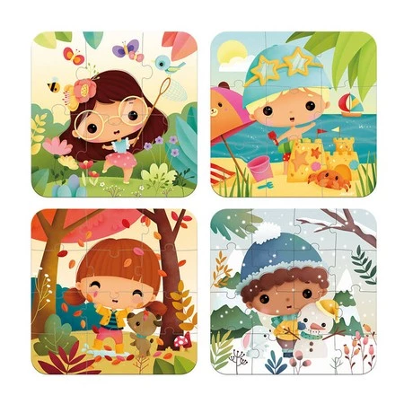 Janod Puzzle progresywne w walizce Pory roku 4 układanki – 6, 9, 12 i 16 elementów 2+, Made in France (stary indeks: J02658)