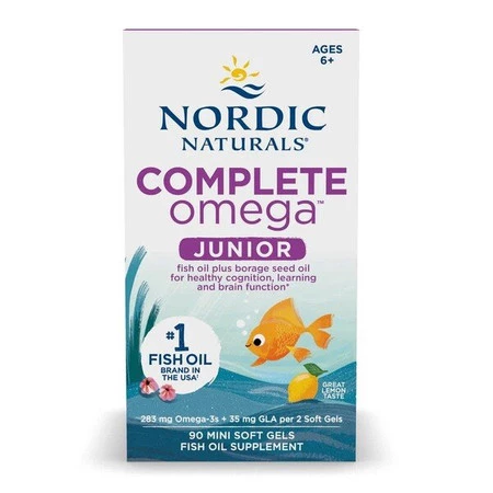 Nordic Naturals Complete Omega 3-6-9 Junior 283 mg na wsparcie pracy mózgu 90 mini kaps. smak lemon