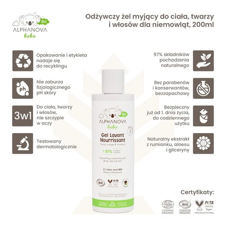 Alphanova Bebe Bio, Odżywczy żel myjący do ciała, twarzy i włosów dla niemowląt, 200ml