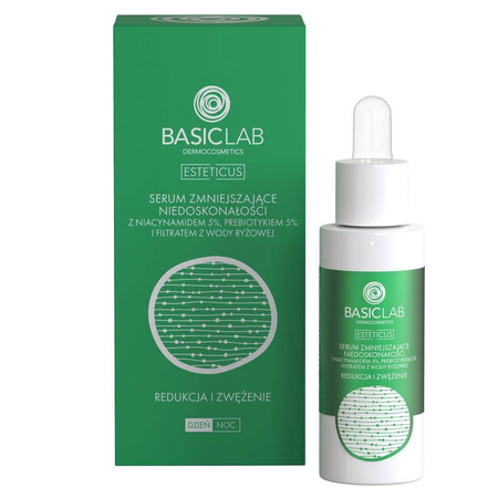 BasicLab Esteticus - Serum zmniejszające niedoskonałości z Niacynamidem 5%, Prebiotykiem 5% i filtratem wody ryżowej 30ml Nowość